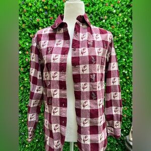 Vintage Bobbie Brooks Cotton Burgandy Flannel Embr Floral Button Shirtt